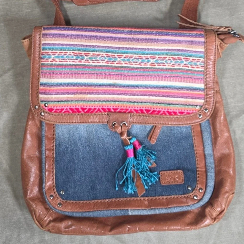 The Sak Ventura Convertible Backpack Crossbody Bag Brown Leather Denim Woven